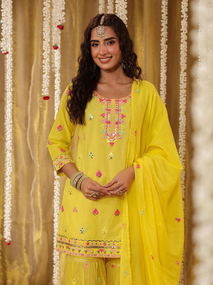 Dhiyona SC Geometric Embroidered Mirror Work Pure Cotton Kurti With Sharara & Dupatta