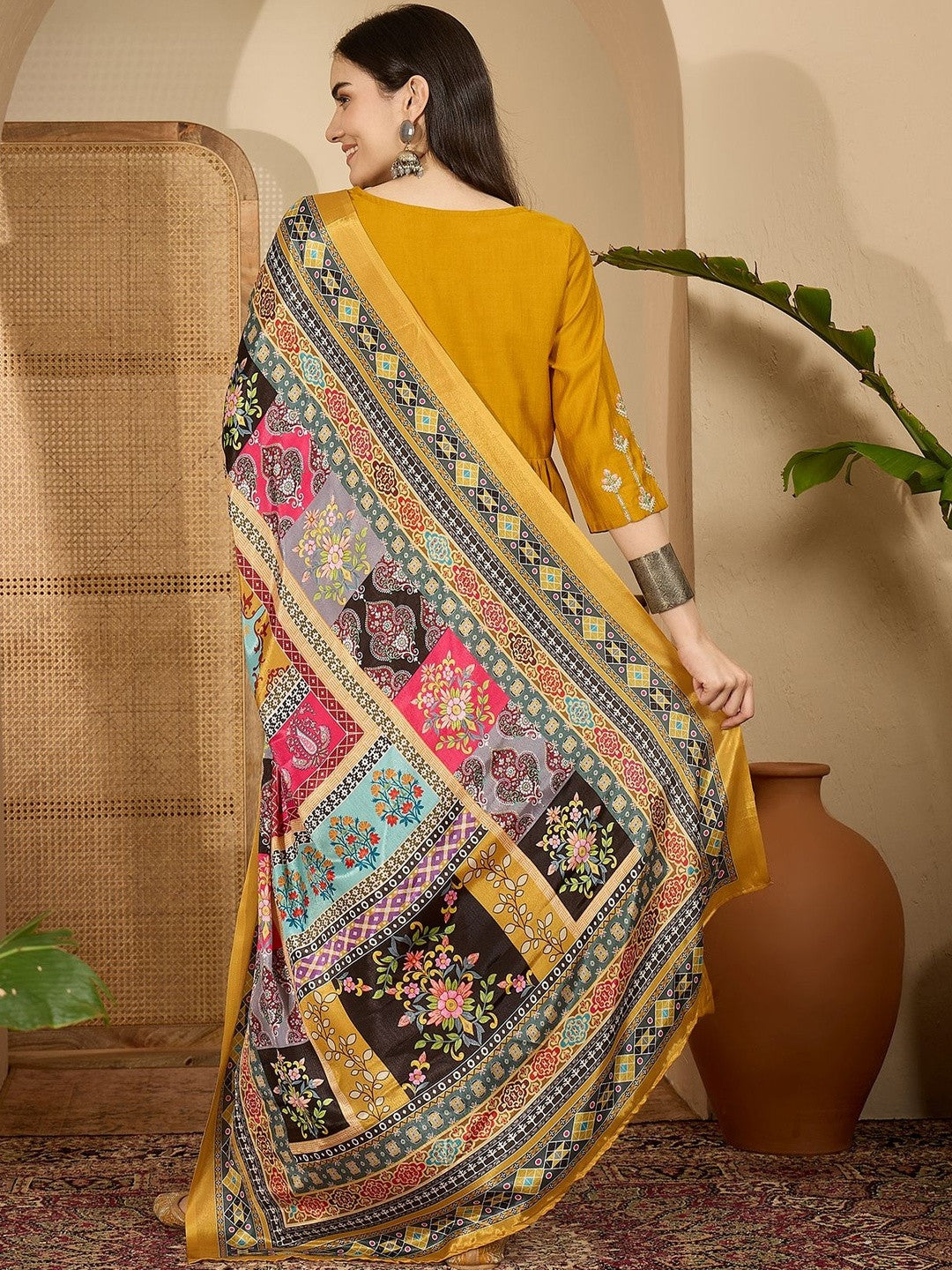 Floral Embroidered Pleated Thread Work Kurta With Trousers & Dupatta