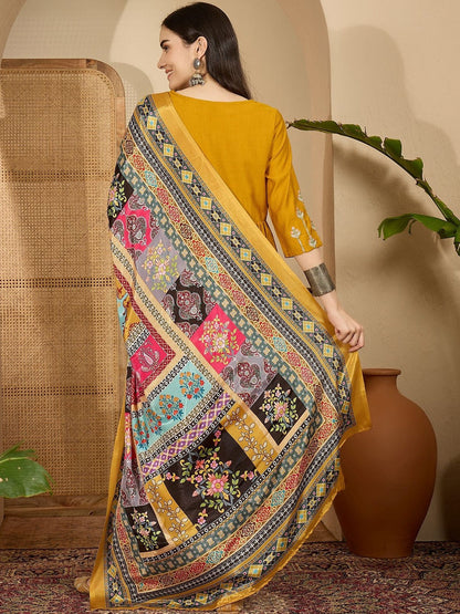 Floral Embroidered Pleated Thread Work Kurta With Trousers & Dupatta