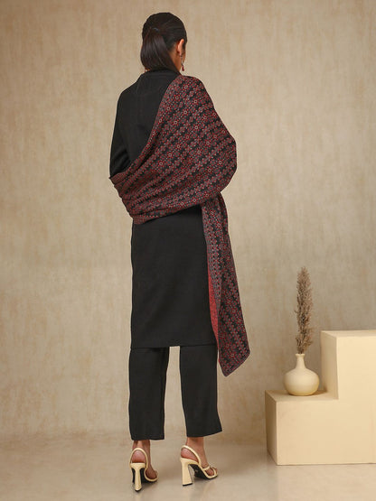 Dhiyona SO Women's Black Geometric Woven Design Acrylic Straight Kurta With Trouser & Dupatta