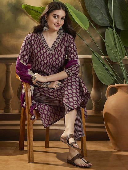 Printed V Neck Straight Kurta Set With Dupatta