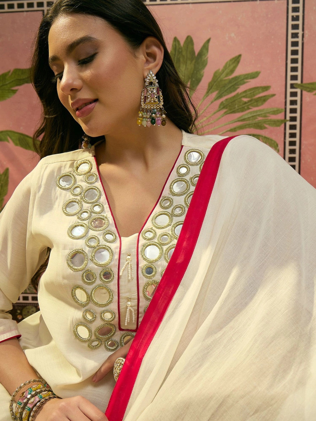 Women Embroidered Regular Mirror Work Kurta with Trousers & With Dupatta