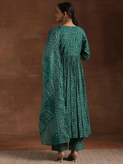 Women's LB Rama Green Printed Silk Blend A-Line Kurta With Trousers & Dupatta