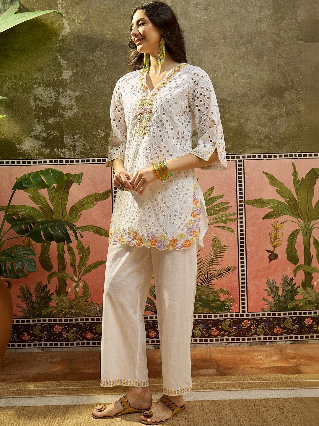 Embroidered Pure Cotton V-Neck Kurti & Trousers