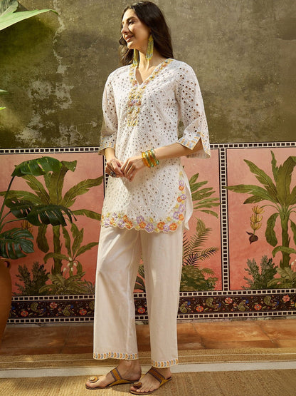 Embroidered Pure Cotton V-Neck Kurti & Trousers