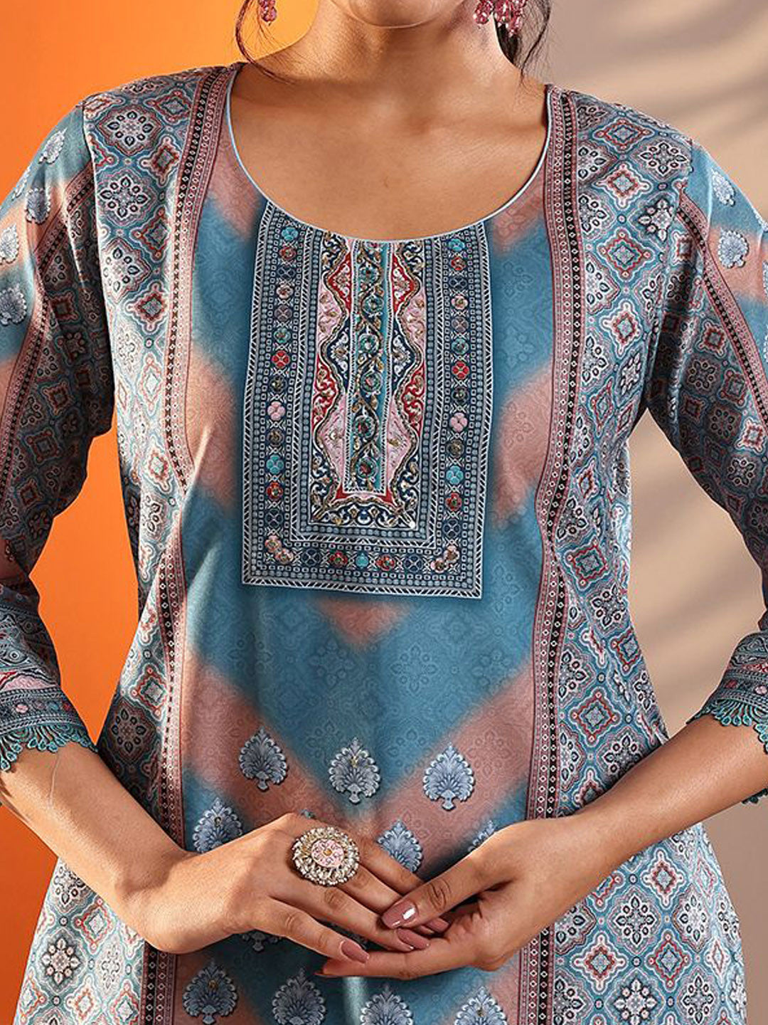 Ethnic Motifs Printed Thread Work Straight Kurta With Trousers & Dupatta