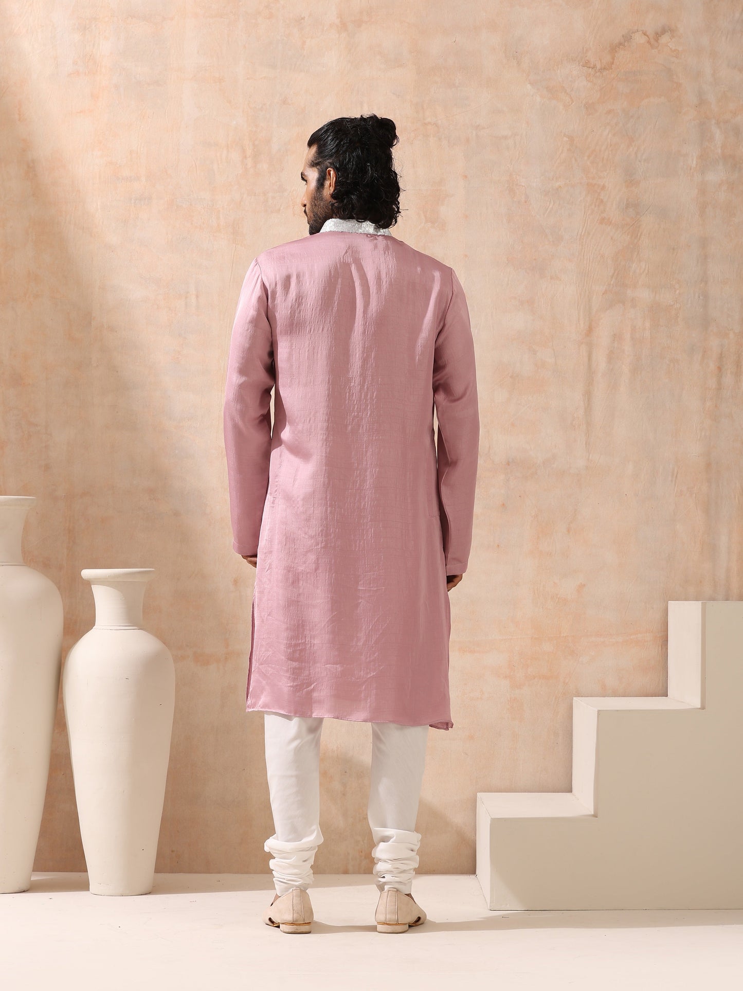 Dhiyona ST Mens Pink Kurta with Silver Sequin Placket and Collar
