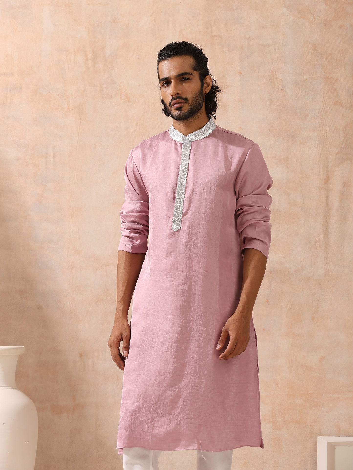 Dhiyona ST Mens Pink Kurta with Silver Sequin Placket and Collar