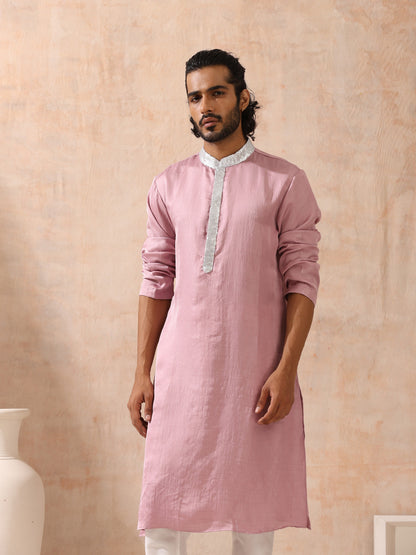 Dhiyona ST Mens Pink Kurta with Silver Sequin Placket and Collar