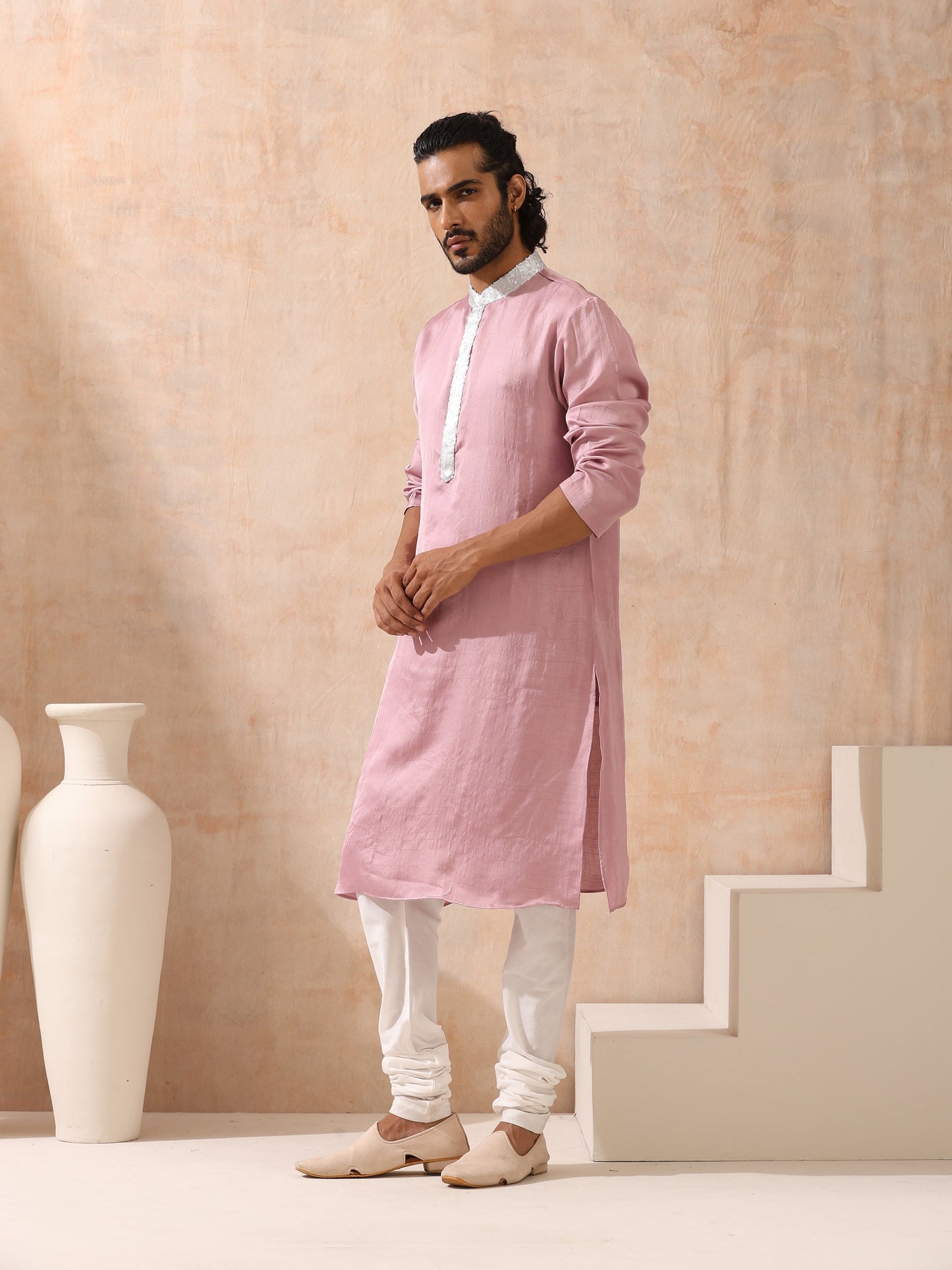 Dhiyona ST Mens Pink Kurta with Silver Sequin Placket and Collar