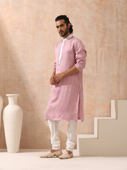 Dhiyona ST Mens Pink Kurta with Silver Sequin Placket and Collar