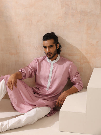 Dhiyona ST Mens Pink Kurta with Silver Sequin Placket and Collar