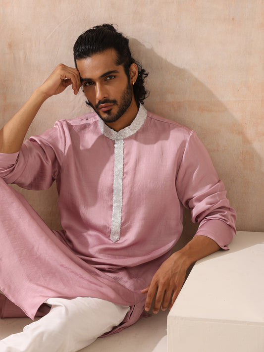 Dhiyona ST Mens Pink Kurta with Silver Sequin Placket and Collar