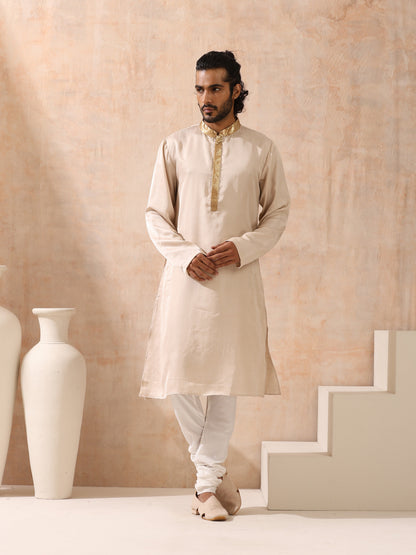 Dhiyona ST Mens Cream Kurta with Gold Sequin Placket and Collar