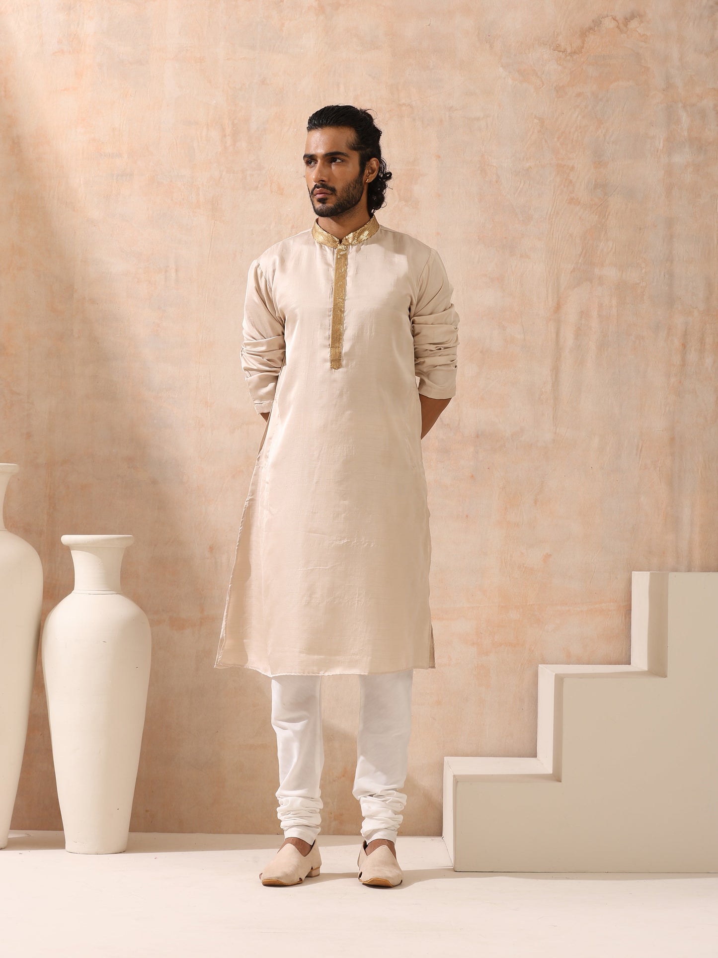 Dhiyona ST Mens Cream Kurta with Gold Sequin Placket and Collar