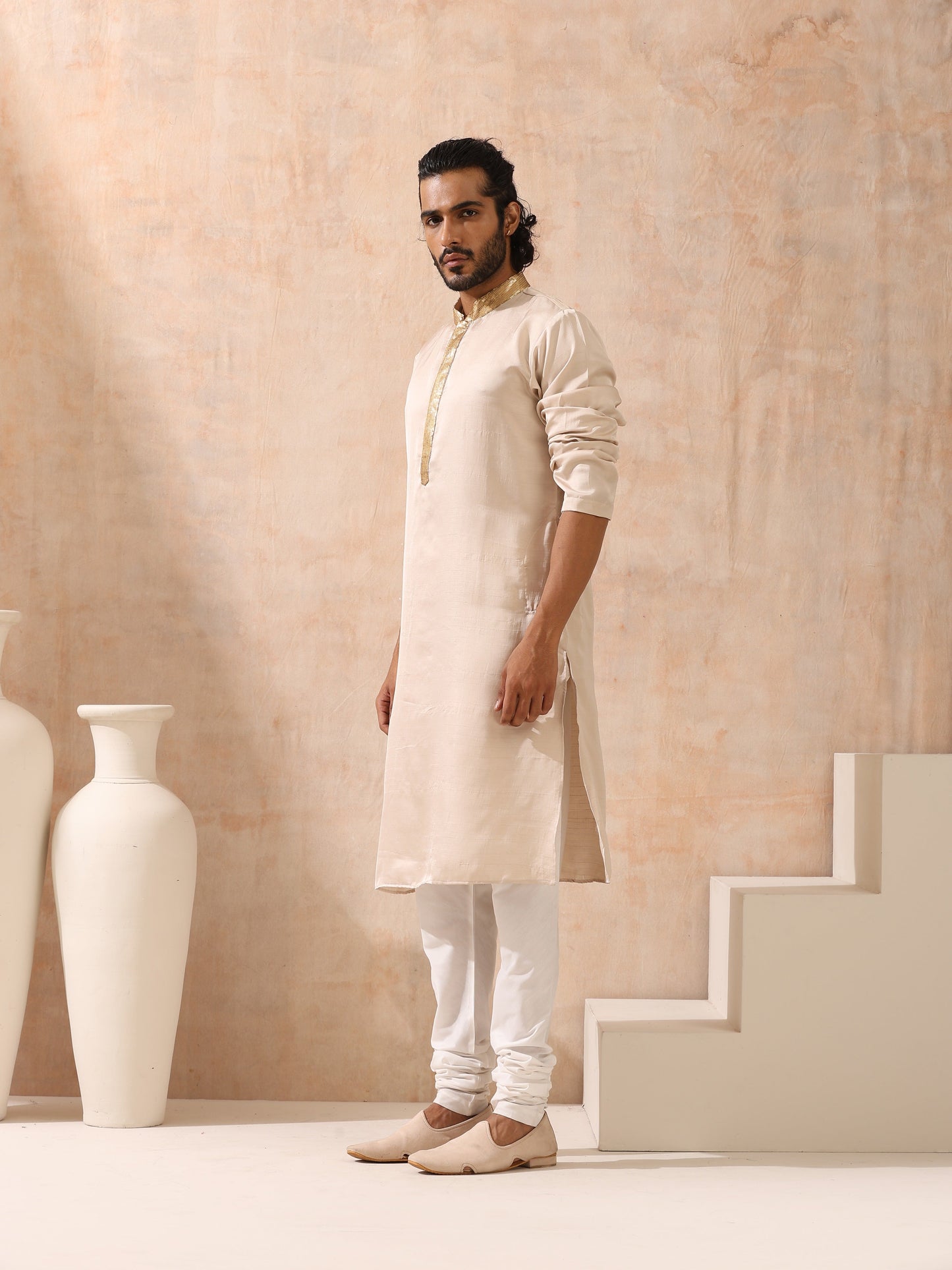 Dhiyona ST Mens Cream Kurta with Gold Sequin Placket and Collar