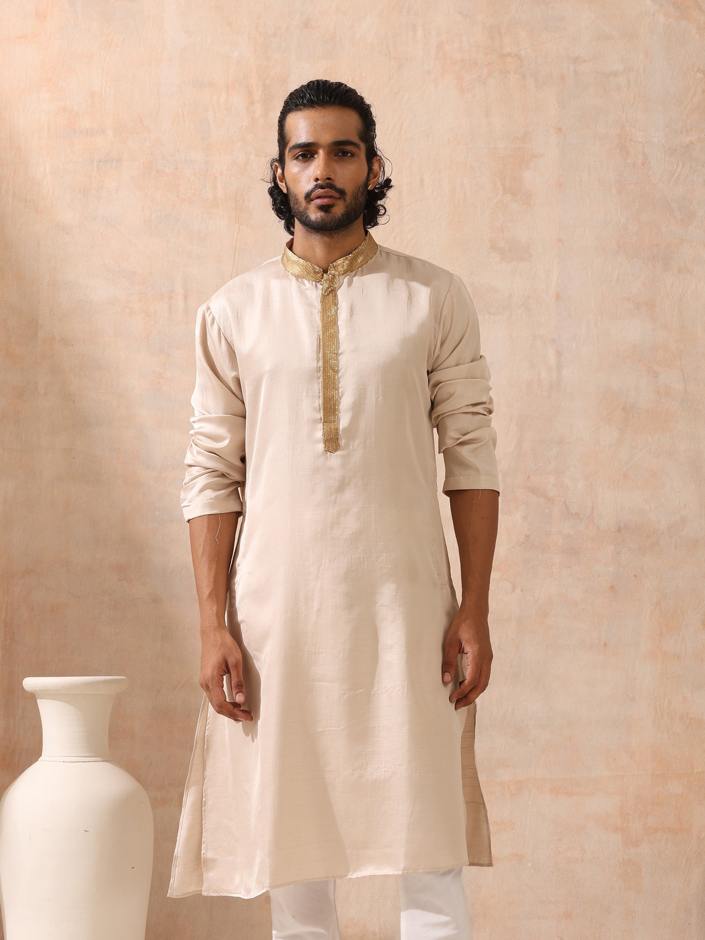 Dhiyona ST Mens Cream Kurta with Gold Sequin Placket and Collar