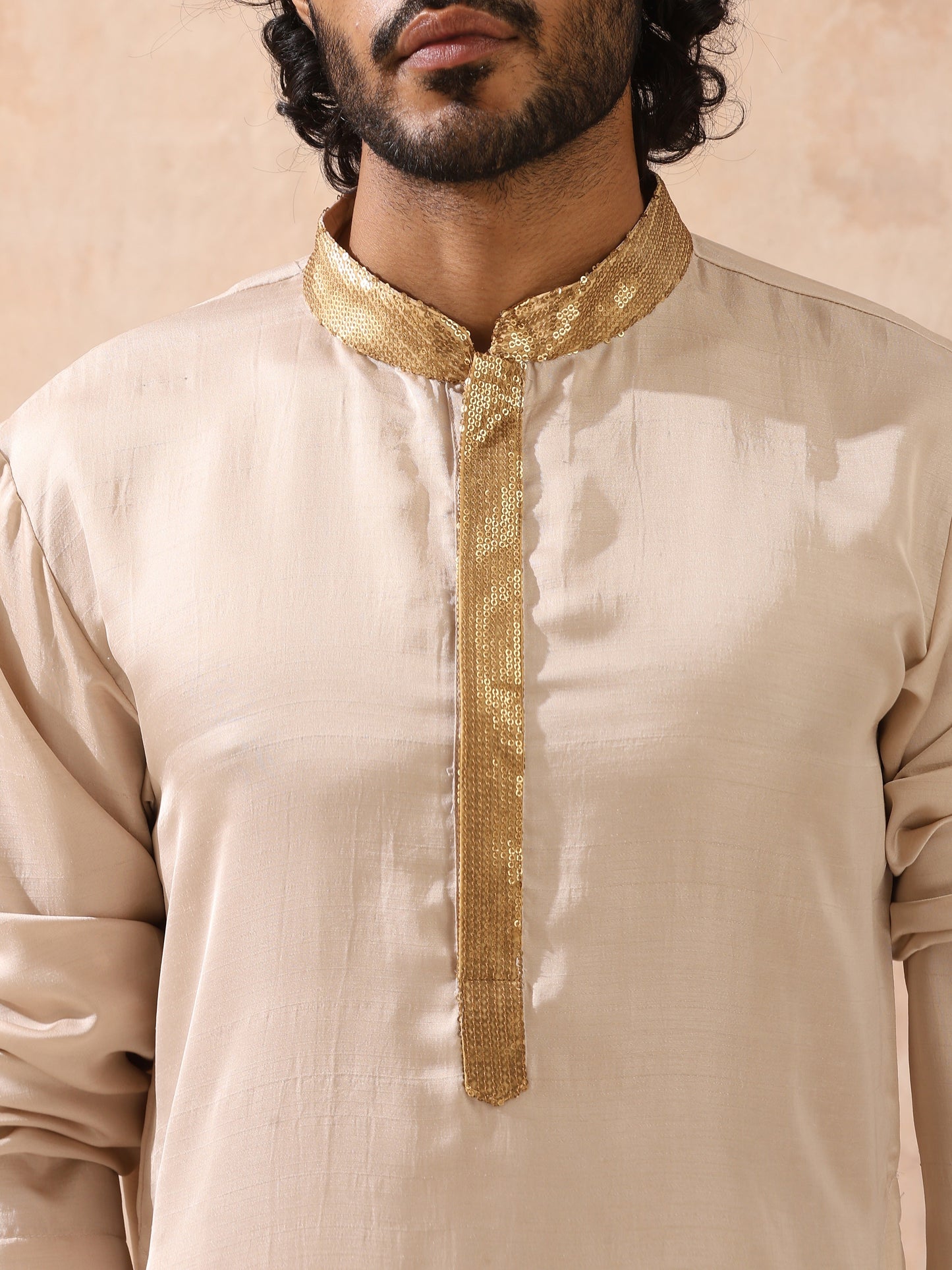 Dhiyona ST Mens Cream Kurta with Gold Sequin Placket and Collar