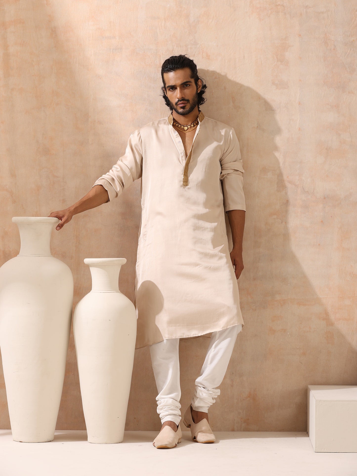 Dhiyona ST Mens Cream Kurta with Gold Sequin Placket and Collar