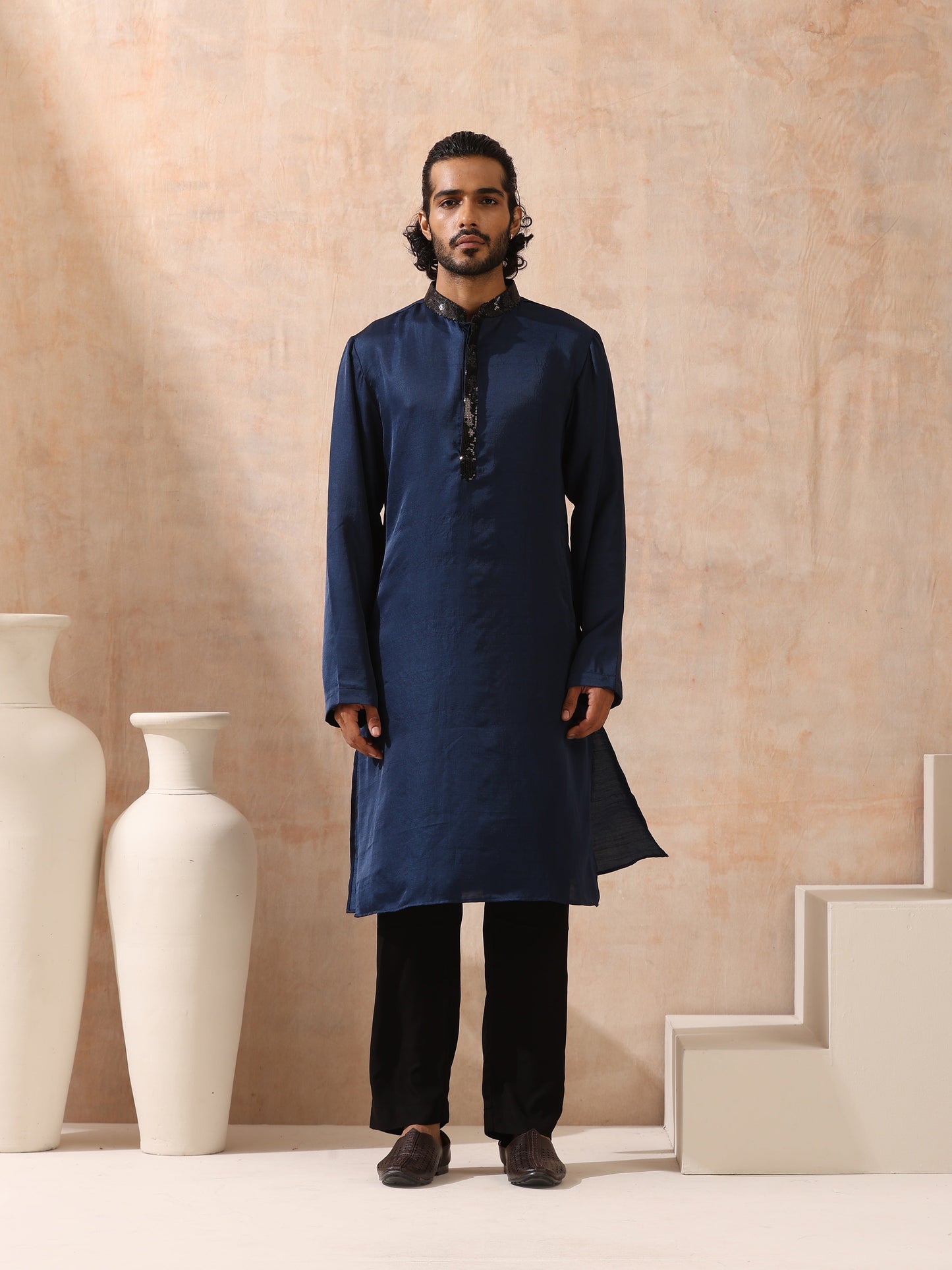 Dhiyona ST Mens Blue Kurta with Black Sequin Placket and Collar