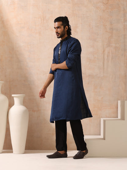 Dhiyona ST Mens Blue Kurta with Black Sequin Placket and Collar
