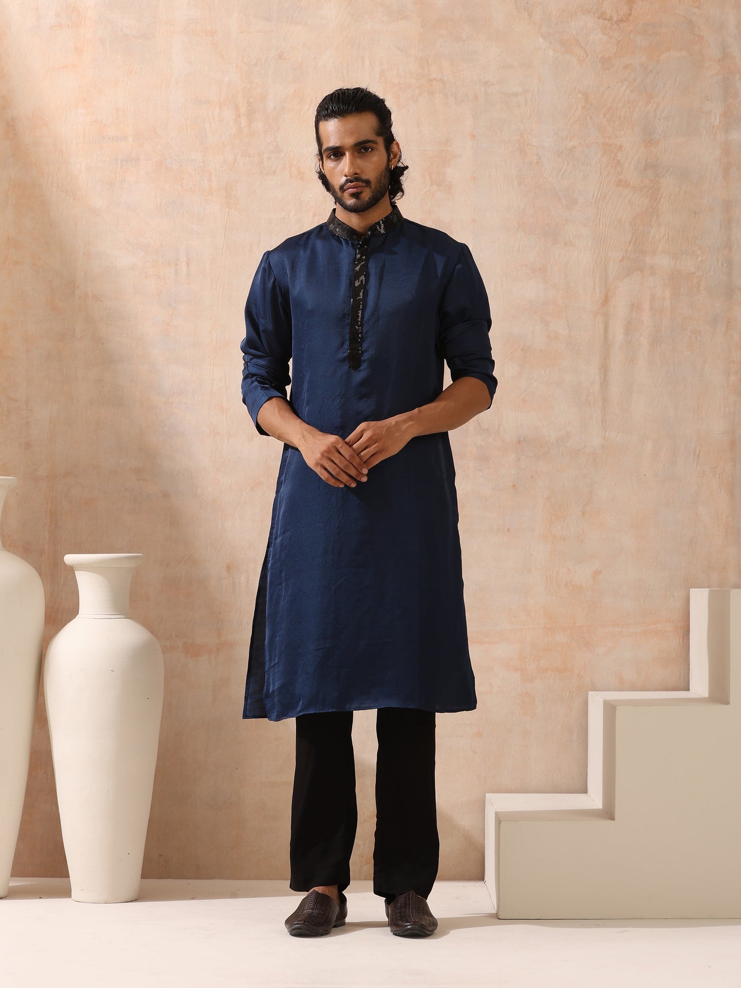 Dhiyona ST Mens Blue Kurta with Black Sequin Placket and Collar