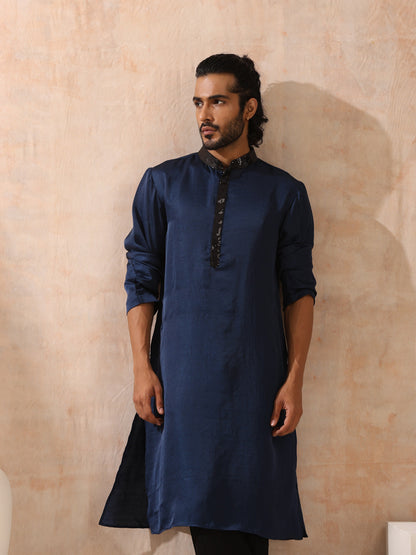 Dhiyona ST Mens Blue Kurta with Black Sequin Placket and Collar
