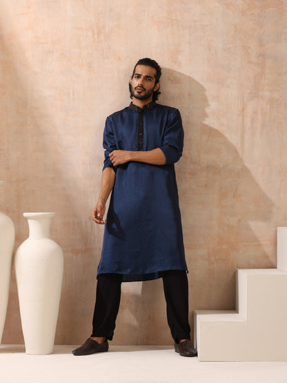 Dhiyona ST Mens Blue Kurta with Black Sequin Placket and Collar