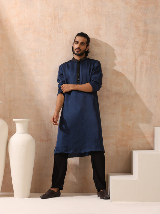 Dhiyona ST Mens Blue Kurta with Black Sequin Placket and Collar