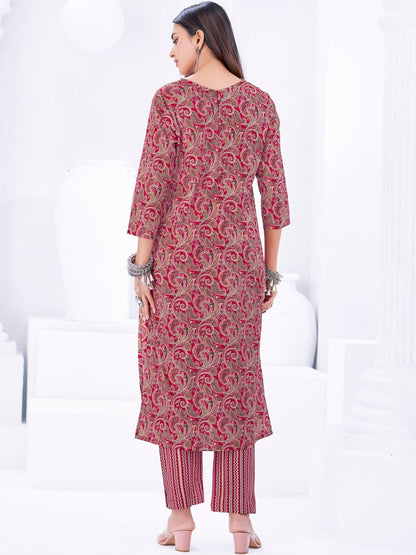 Printed Pure Cotton V-Neck Kurta & Trousers With Dupatta