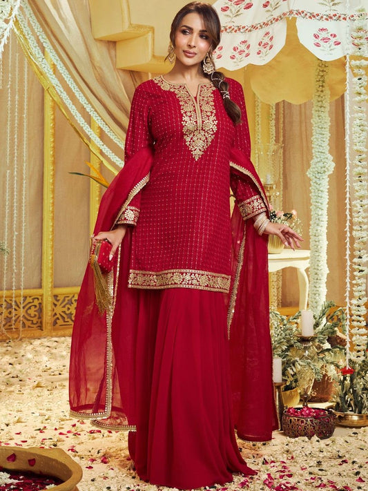 Dhiyona IN Women Ethnic Motifs Embroidered Regular Thread Work Kurta with Sharara & With Dupatta