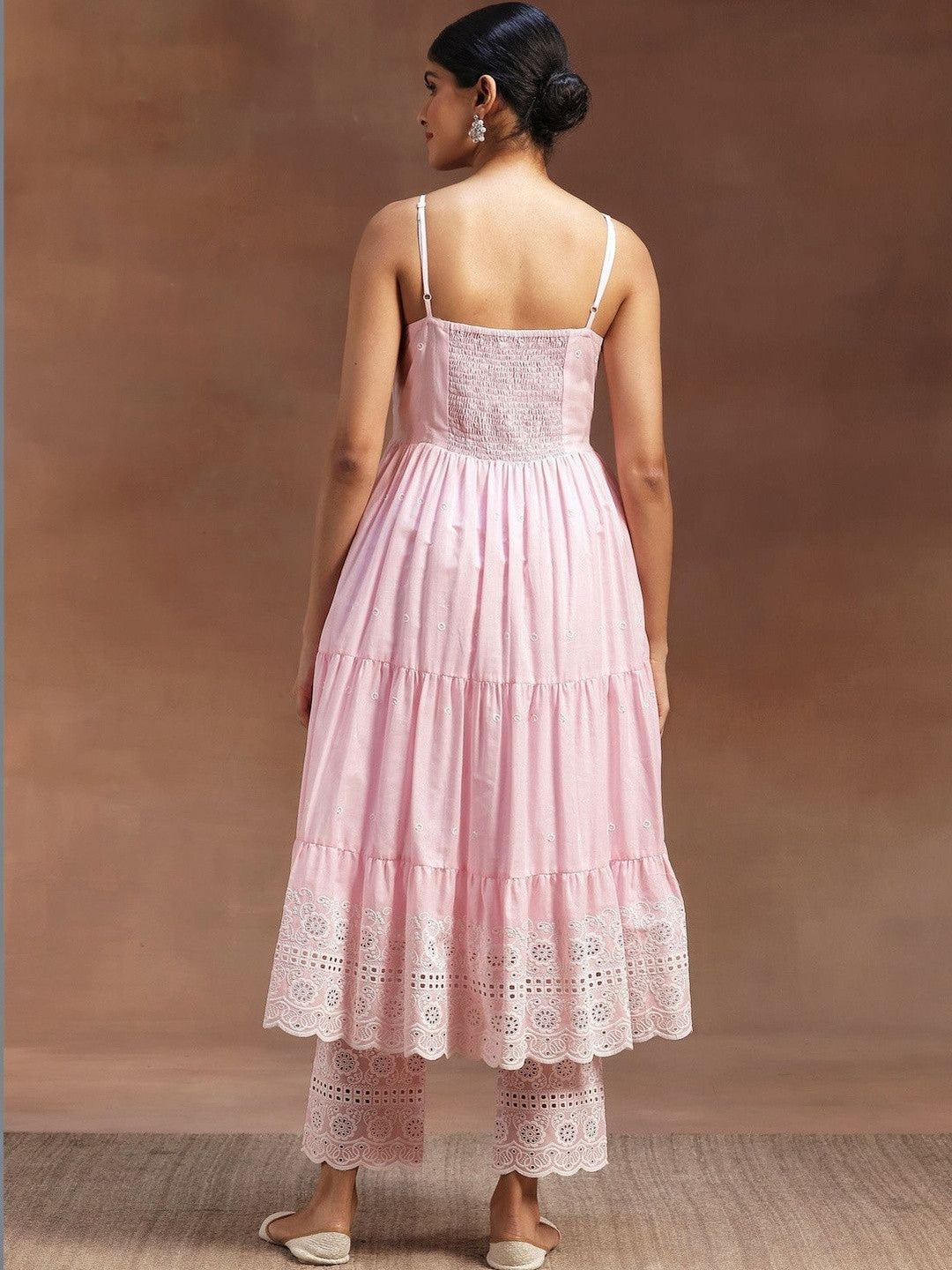 Women Ethnic Motifs Embroidered Tiered Chikankari Kurta with Trousers