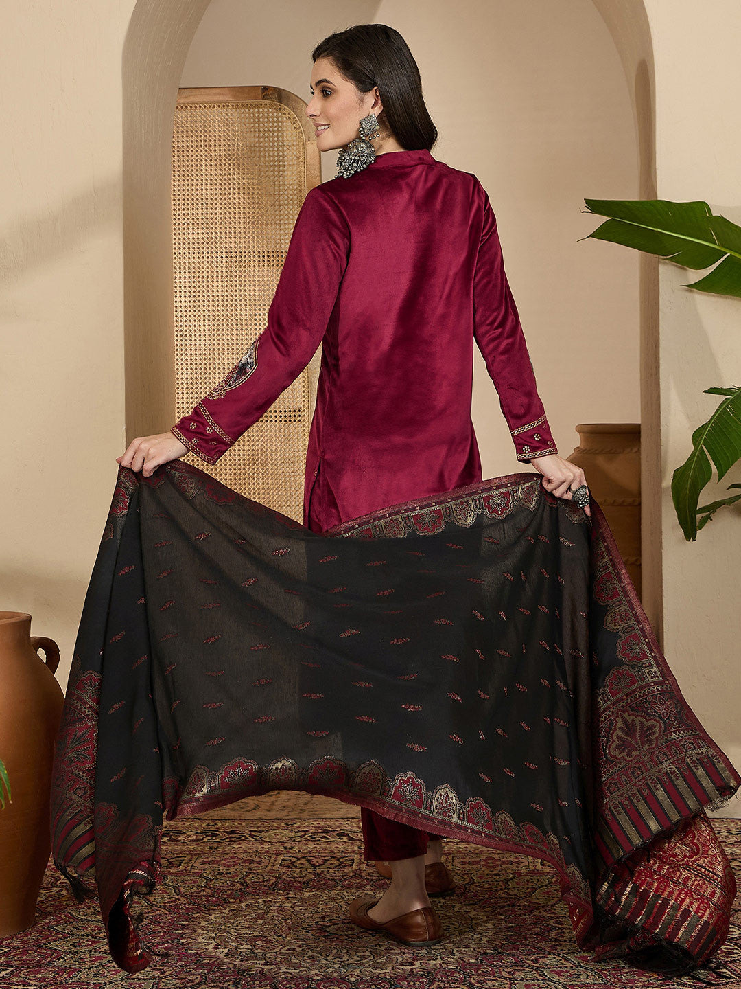 Embroidered Velvet Mandarin Collar Kurta With Trousers & Dupatta