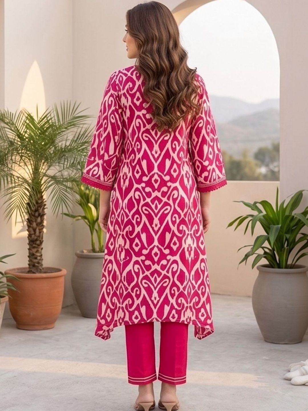 Pink Women Ethnic Motifs Printed Regular Thread Work Pure Cotton Kurta with Trousers