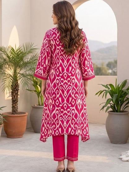 Pink Women Ethnic Motifs Printed Regular Thread Work Pure Cotton Kurta with Trousers