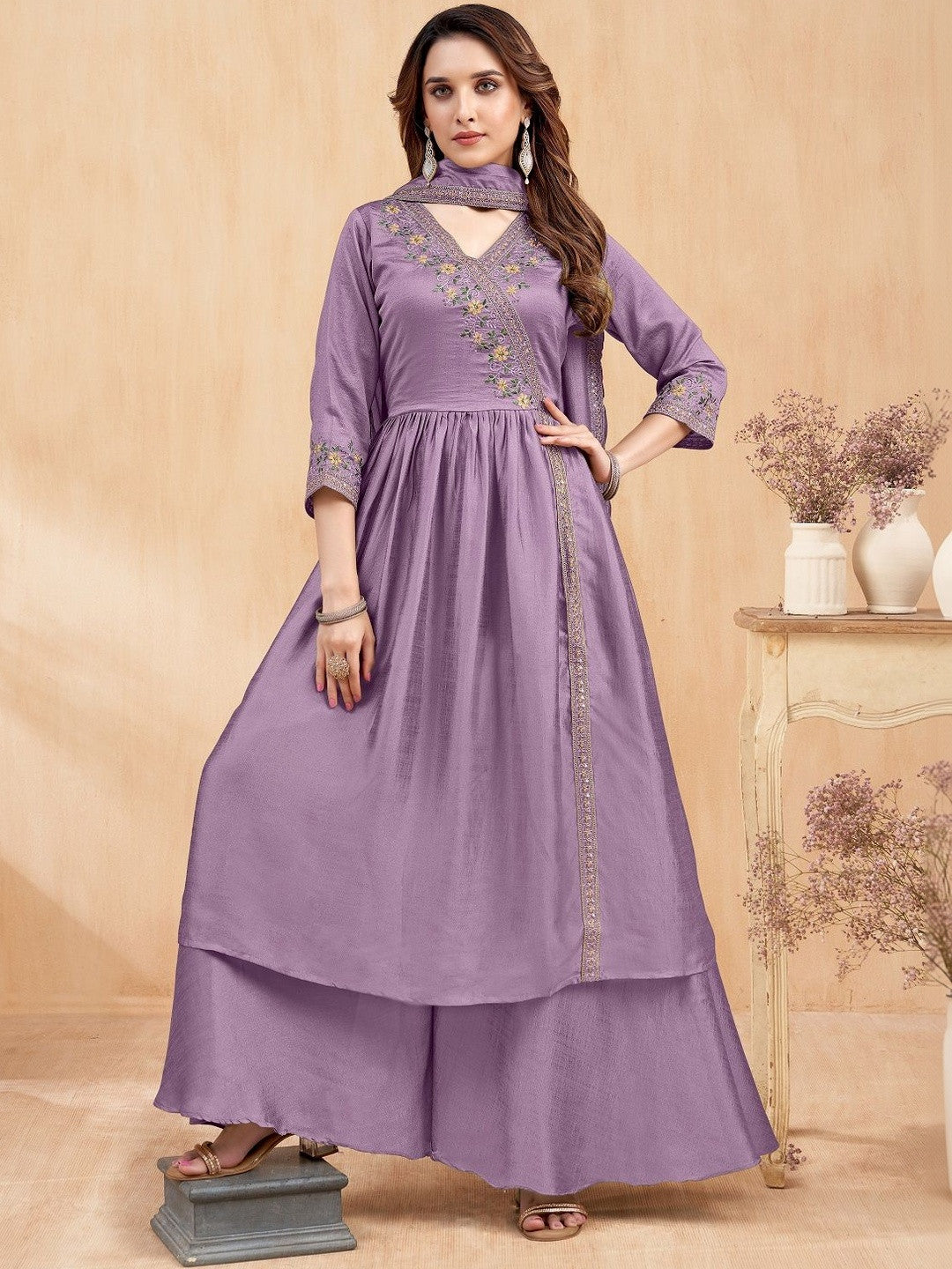 Embroidered V-Neck Kurta Trousers & Dupatta