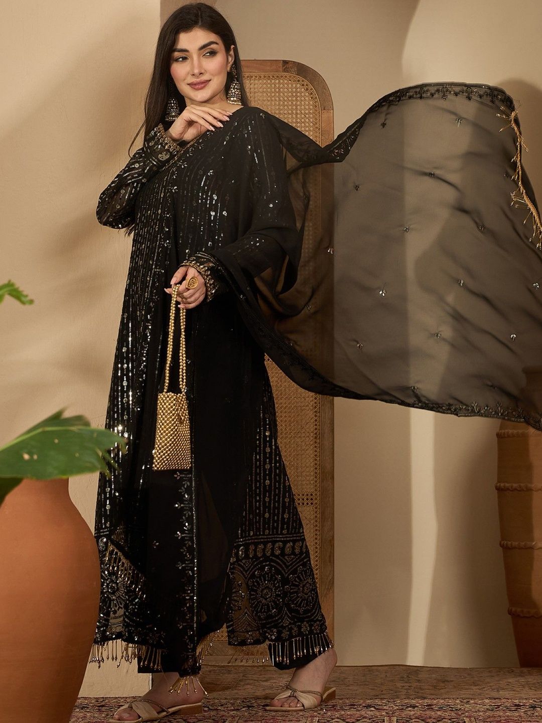 Dhiyona SN Geometric Embroidered Sequinned Straight Kurta With Palazzos & Dupatta