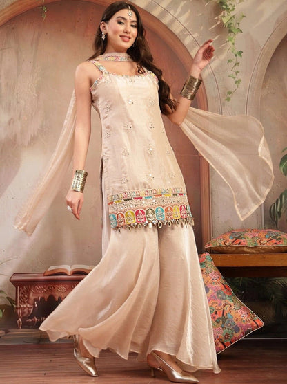 Women Ethnic Motifs Embroidered Regular Mirror Work Kurta with Sharara & With Dupatta