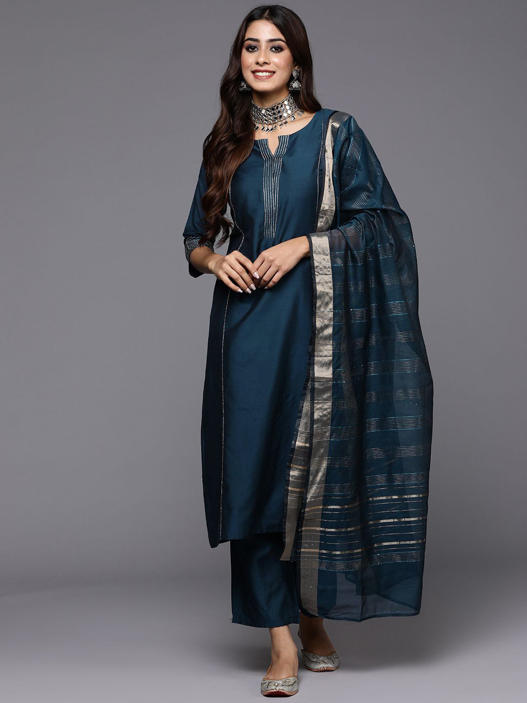 Women Woven Design Self Design Kurta with Trousers & Dupatta