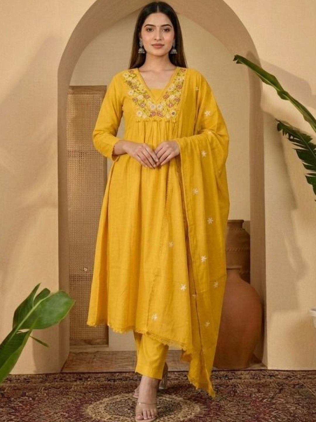 Dhiyona SN Embroidered Pure Cotton V-Neck Kurta & Trousers With Dupatta