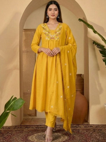 Embroidered Pure Cotton V-Neck Kurta & Trousers With Dupatta
