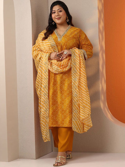 Dhiyona Women's Plus Size Bandhani Printed Straight Kurta With Palazzos & Dupatta