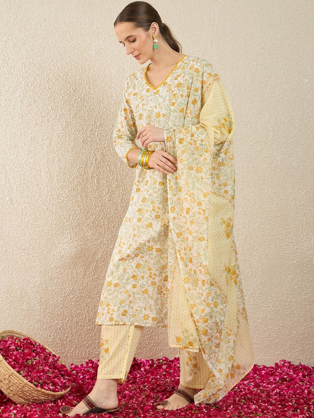 Floral Printed Pure Cotton Straight Kurta With Trousers & Dupatta