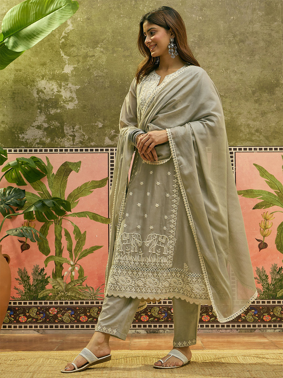 Embroidered Round Neck Kurta & Trousers With Dupatta