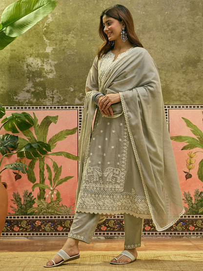 Embroidered Round Neck Kurta & Trousers With Dupatta