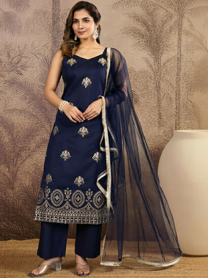 Embroidered Silk Blend Sweetheart Neck Kurta & Trousers With Dupatta