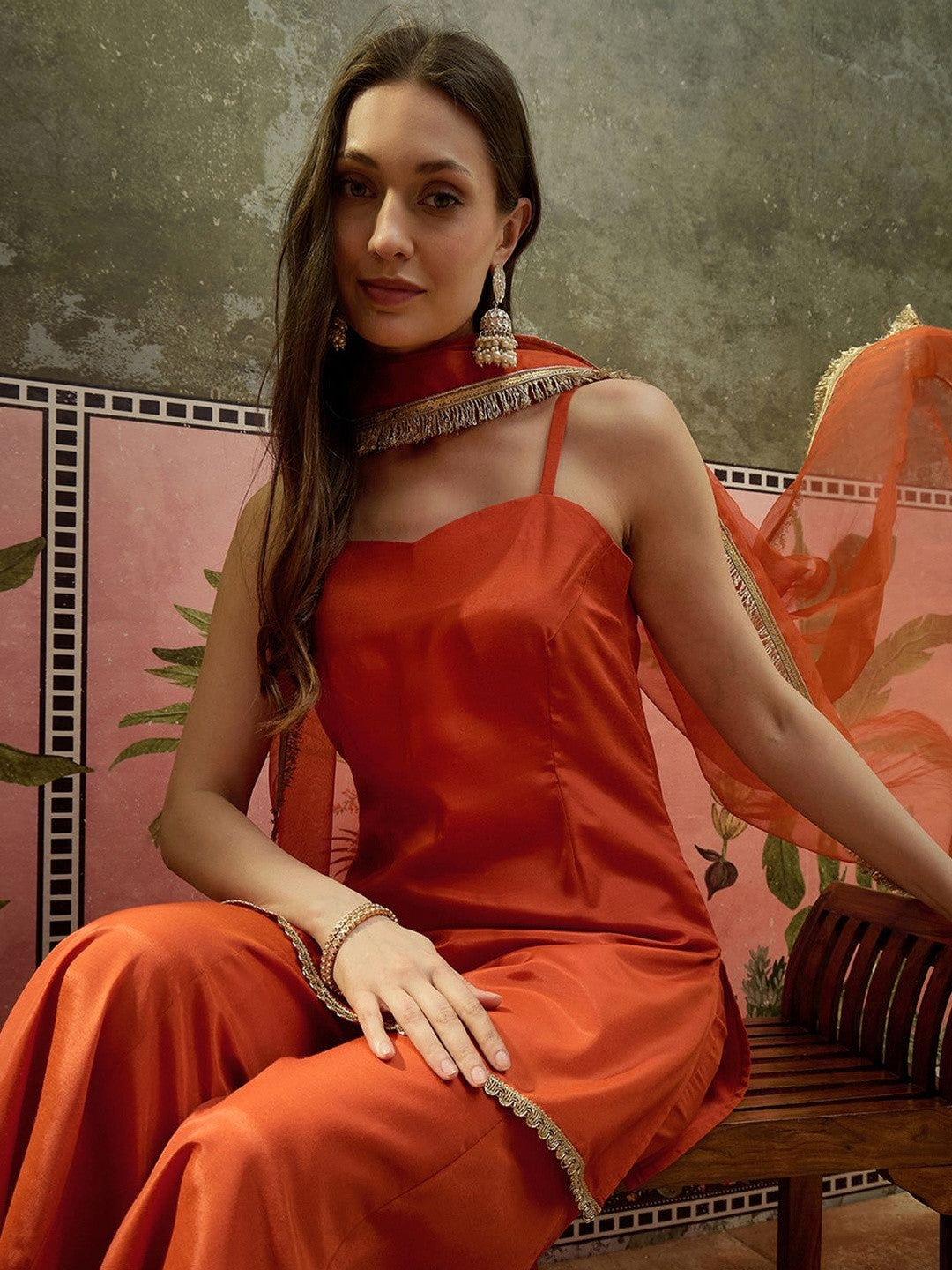 Embroidered Shantoon Shoulder Straps Kurti & Palazzos With Dupatta