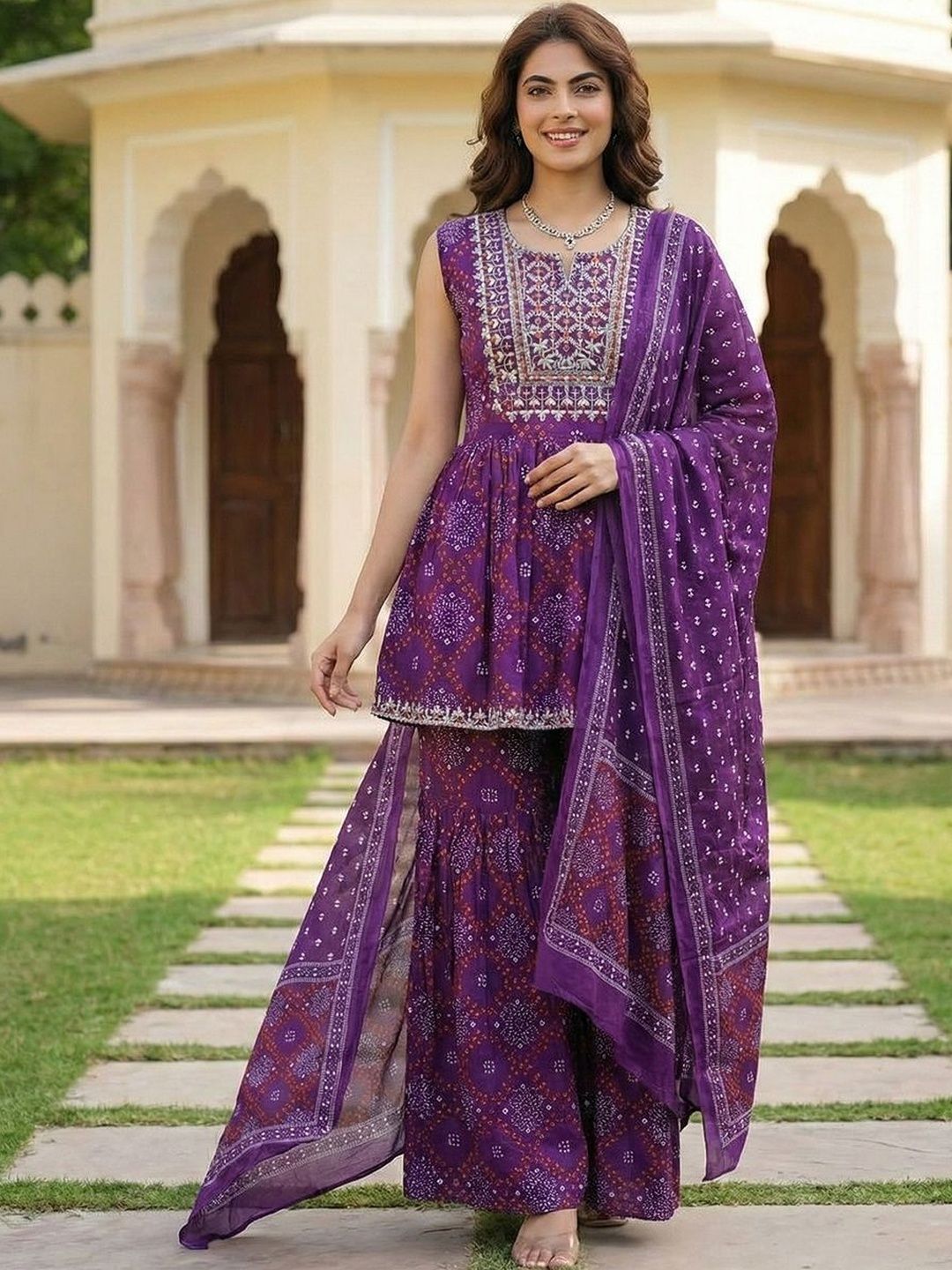 Dhiyona AN Women Ethnic Motifs Printed Empire Thread Work Pure Cotton Kurta with Sharara & With Dupatta