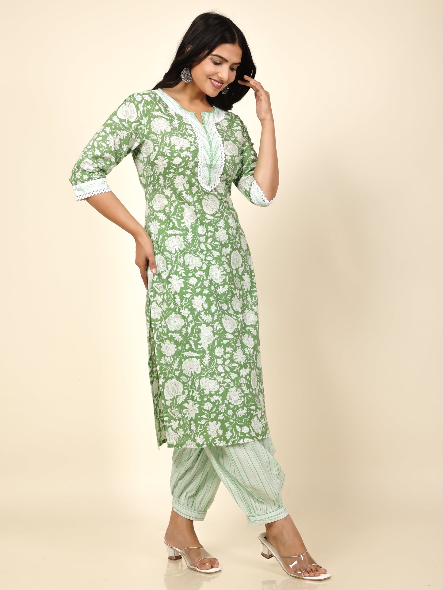 Women's Cotton Green Straight Kurta Set