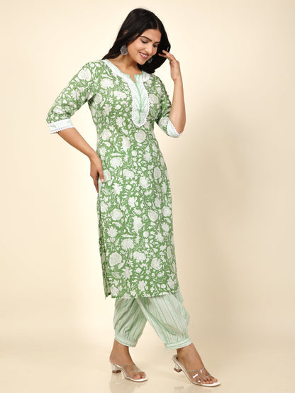 Women's Cotton Green Straight Kurta Set